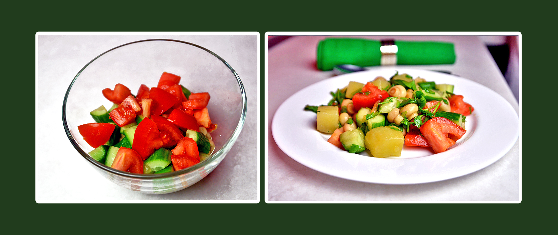 Gemüsesalat mit marinierten Champignons, Gurken und Tomaten
