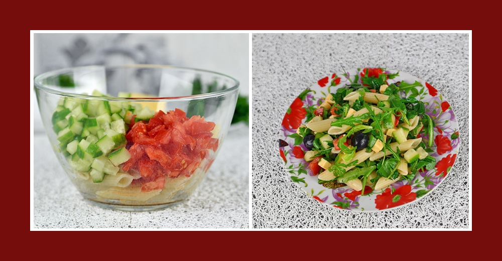 Mediterraner Salat mit Nudeln, Tomaten und Gurken