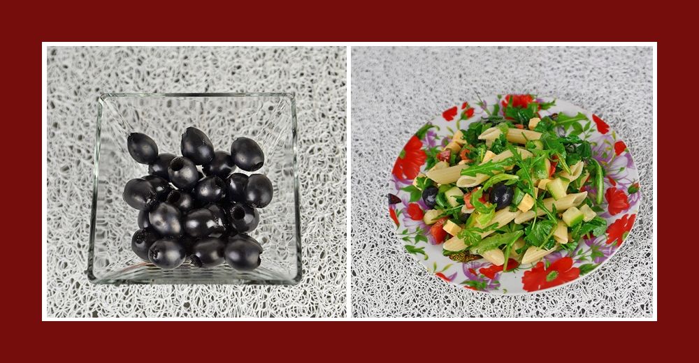 Mediterranter Nudelsalat mit schwarzen Oliven ohne Kerne