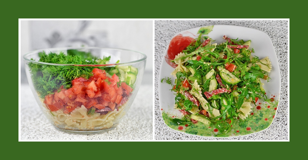Satter Salat mit Dill, Gurken, Tomaten, Nudeln und Salami