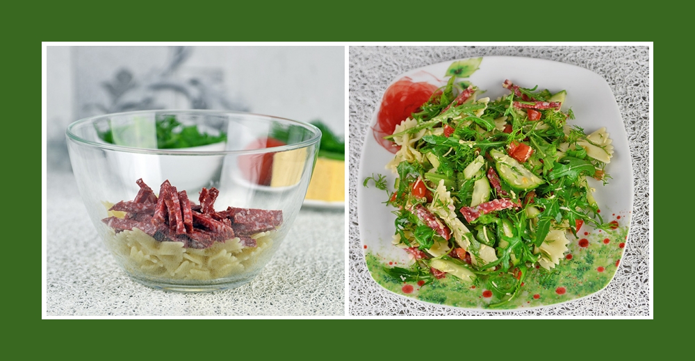 Nudelsalat mit Gemüse und pikanter Salami Wurst