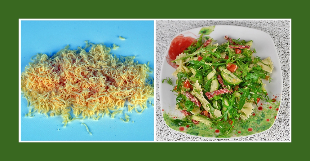 Nudelsalat mit Wurst, frischem Gemüse und Käse Parmesan