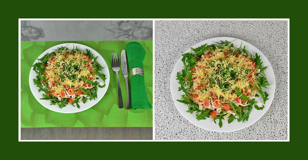 Leckerer und gesunder Salat mit Rucola, Nudeln und Kalmaren