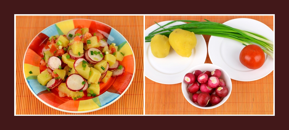 Frühlingssalat aus Radieschen, gekochten Kartoffeln, Schnittlauch, Tomaten