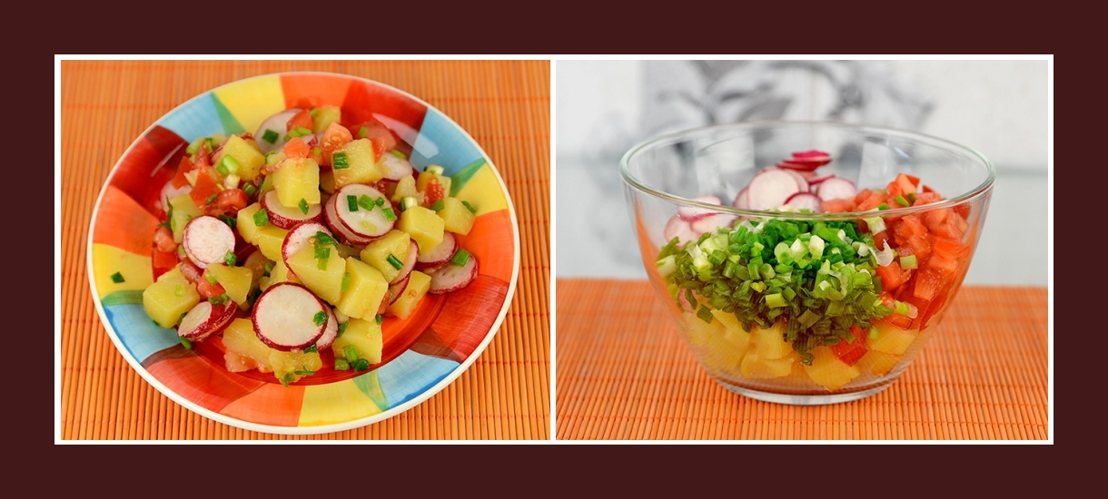 Pikanter Frühlingssalat mit Schnittlauch, Radieschen, Tomaten und Kartoffeln