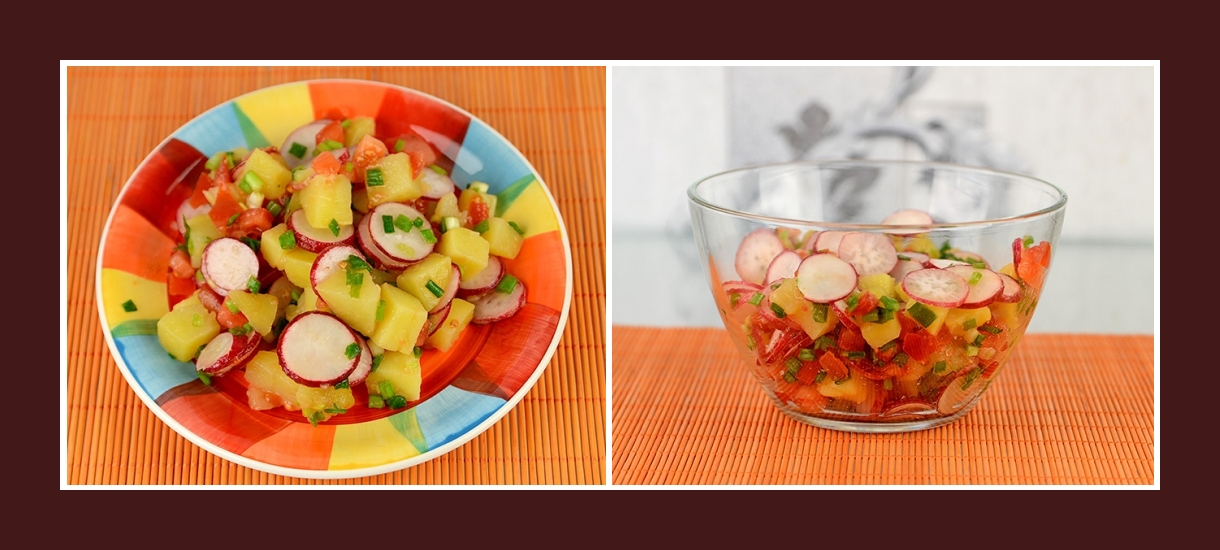 Bunter Salat mit pikanten Radieschen und Schnittlauch, Kochkartoffeln und Tomaten