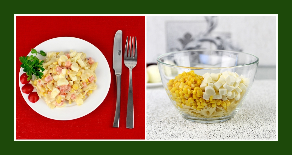 Nudelsalat mit Mais und Suluguni Käse
