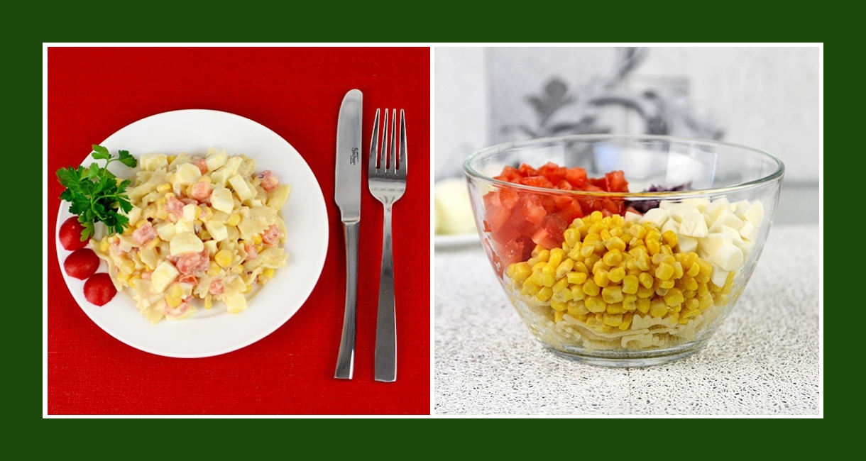Nudelsalat mit Tomaten, Mais, Zwiebeln, Salzlakenkäse