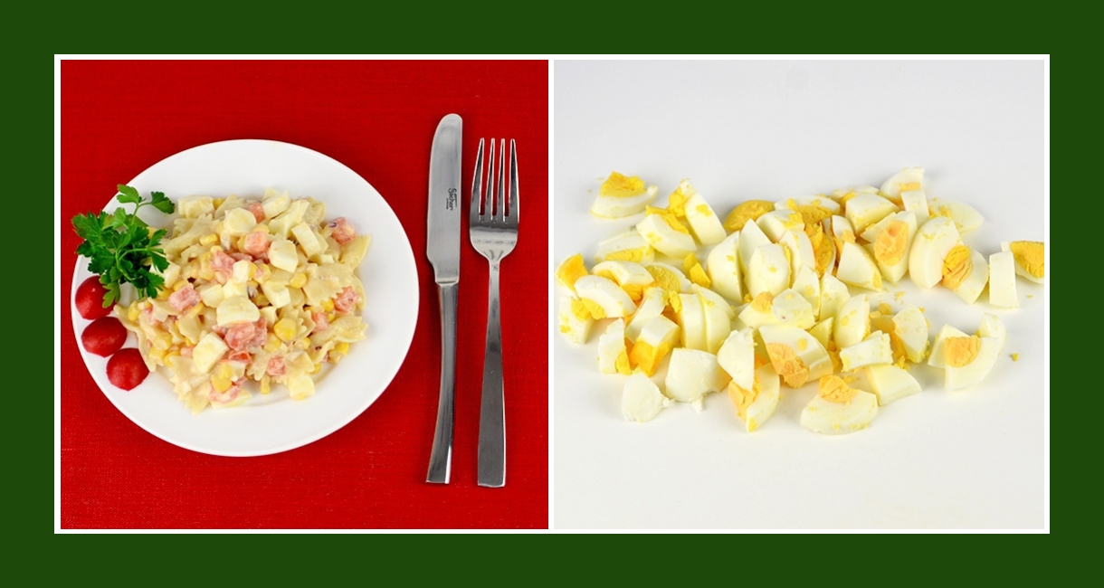 Zarter Salat aus Nudeln und Eiern