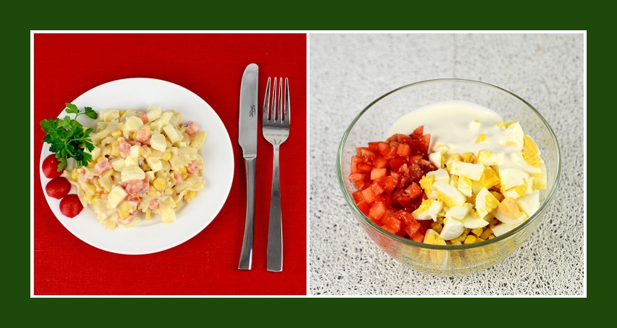 Zarter Nudelsalat mit Gemüse, Eiern, Käse und Schmand Dressing