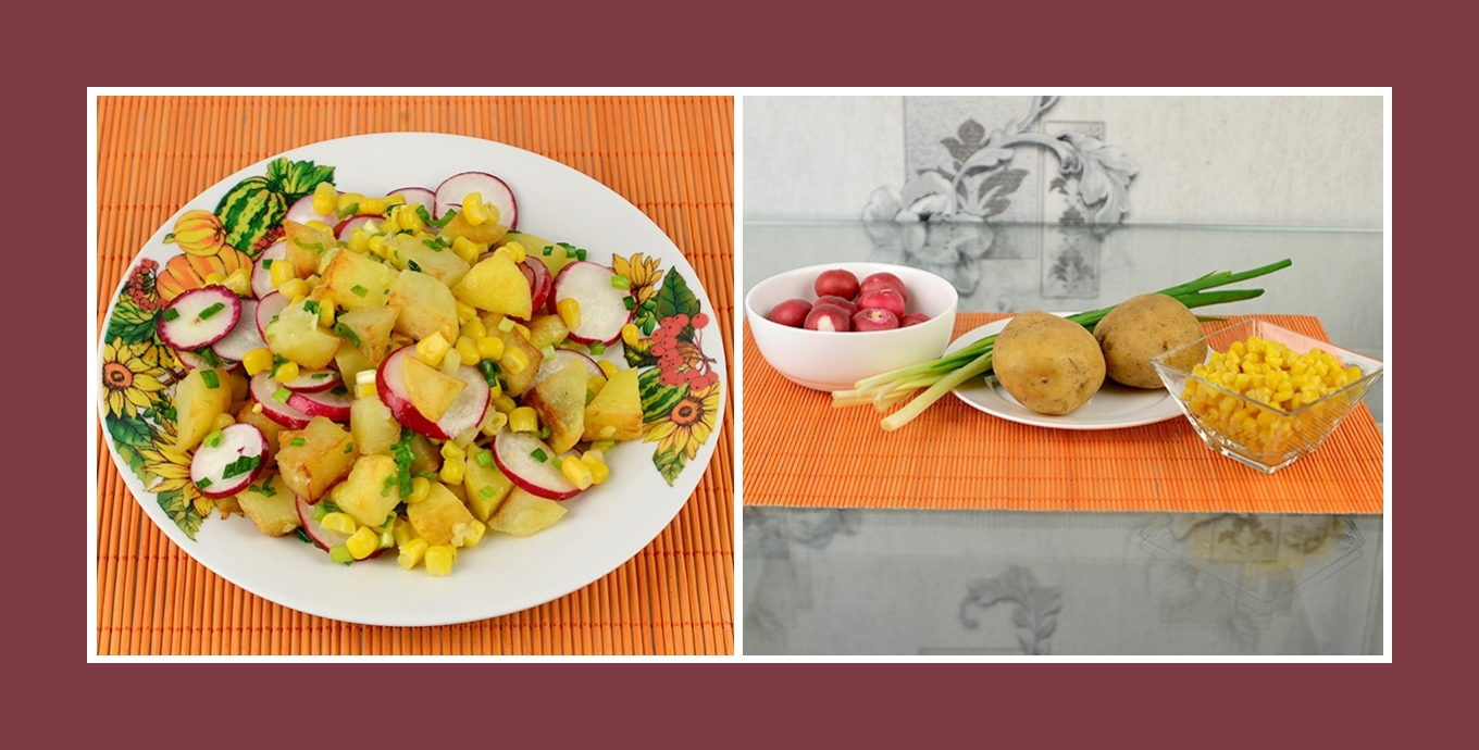 Leckerer Frühlingssalat mit Bratkartoffeln, pikanten Radieschen, zartem Mais und Schnittlauch