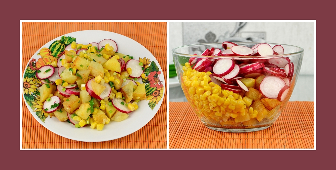 Salat mit Radieschen, Mais und Bratkartoffeln