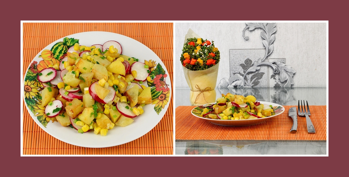 Origineller Bratkartoffel-Salat mit pikantem Frühlingsgemüse und Mais