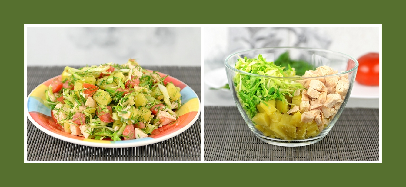 Salat mit Weißkohl Frühkraut, Hähnchen und Kartoffeln