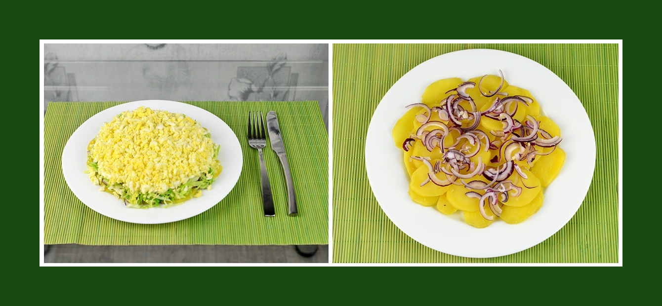Schichtsalat mit Rotzwiebeln und Kartoffeln