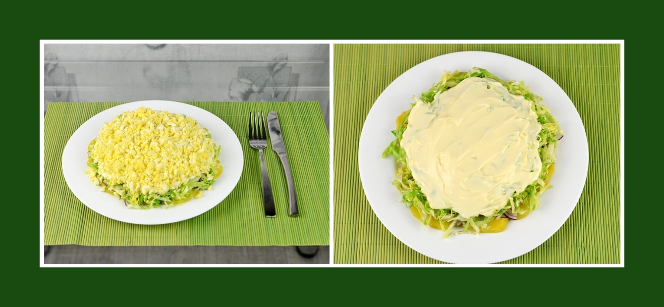 Frühlingssalat mit Schichten und Dressing aus Mayonnaise oder Joghurt