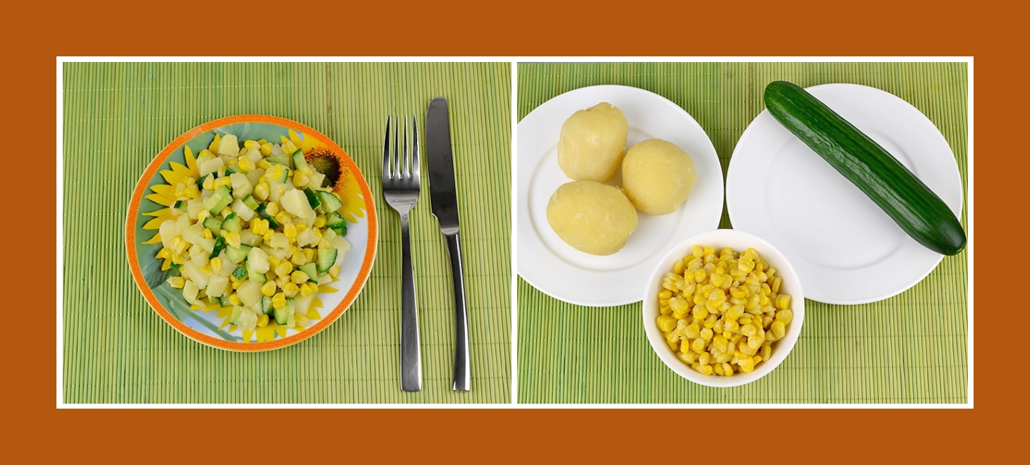 Einfacher Salat aus Kochkartoffeln, frischen Gurken und süßem Mais aus der Dose