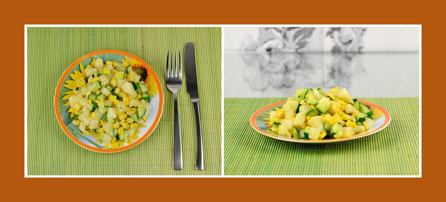 Bunter Kartoffelsalat mit konserviertem Mais und frischen Gurken