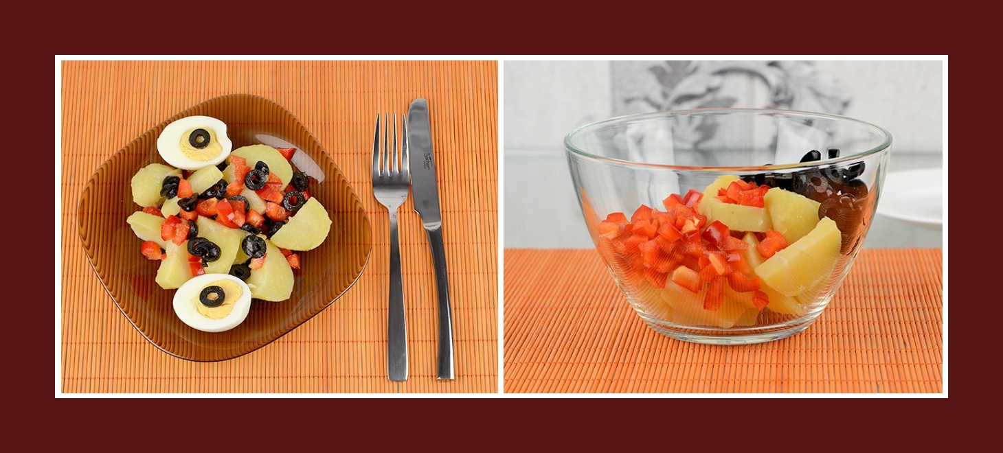 Salat mit Kochkartoffeln, Paprika und Oliven