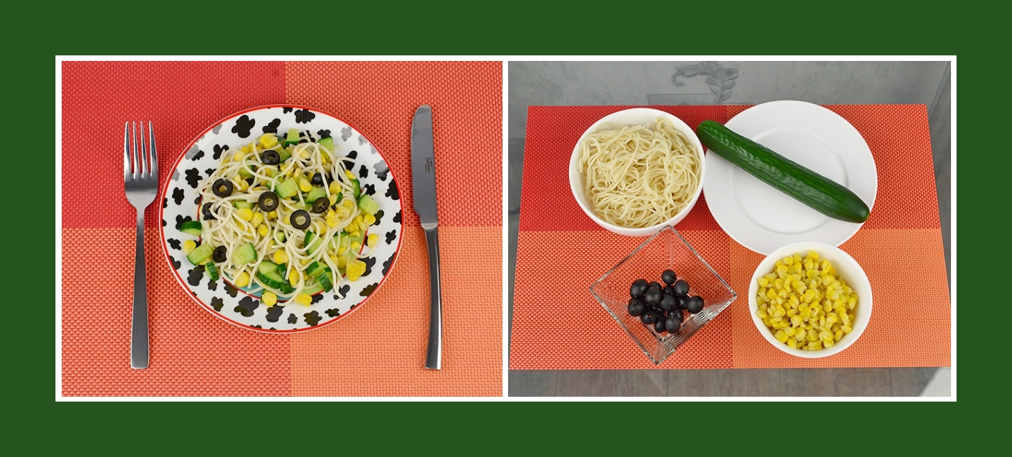Leichter Nudelsalat aus Spaghetti, schwarzen Oliven, knuspriger Gurke und süßem Mais