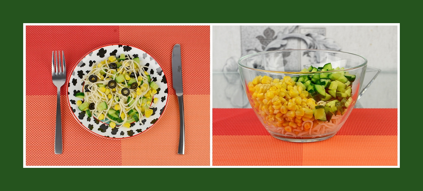 Salat mit Spaghetti, Mais und Gurken