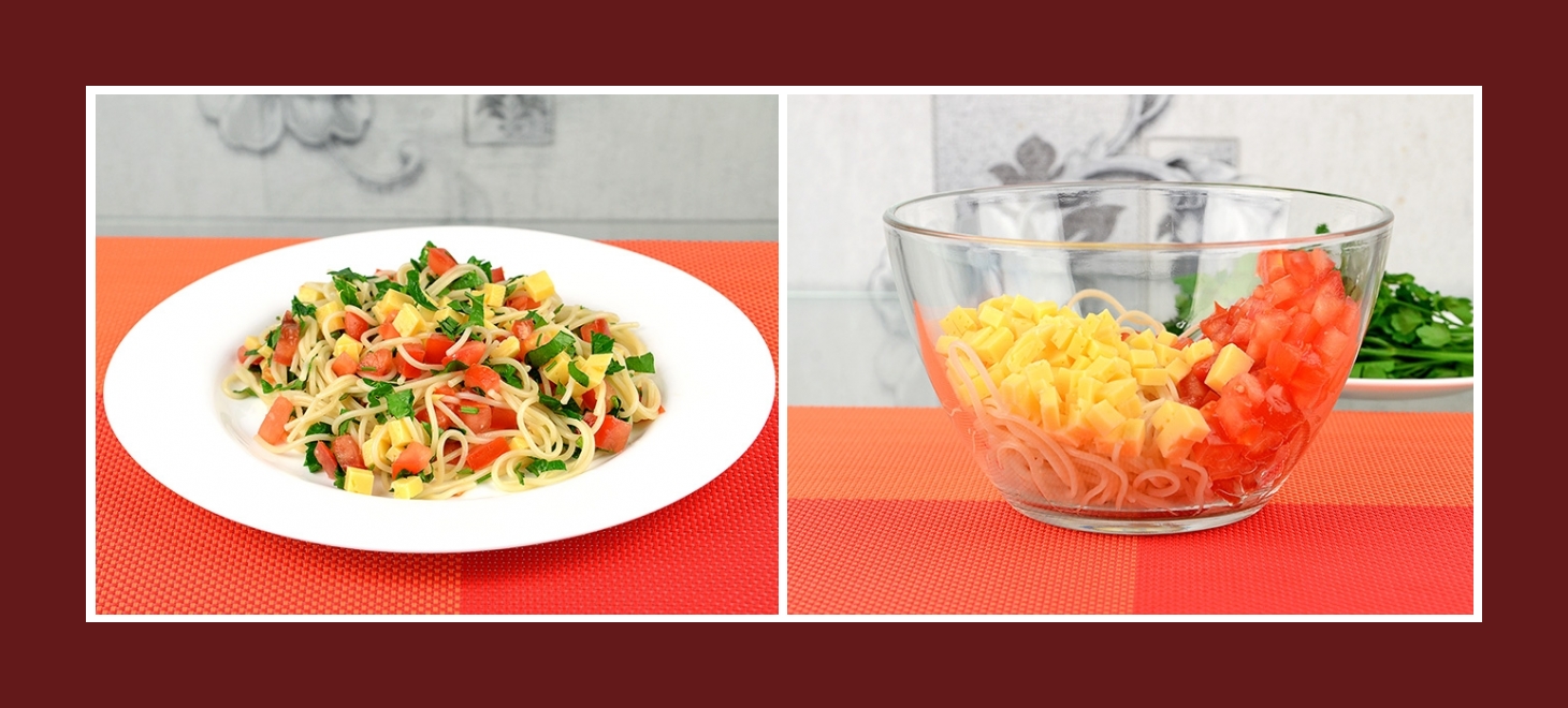 Salat aus Spaghetti, Tomaten und Käse
