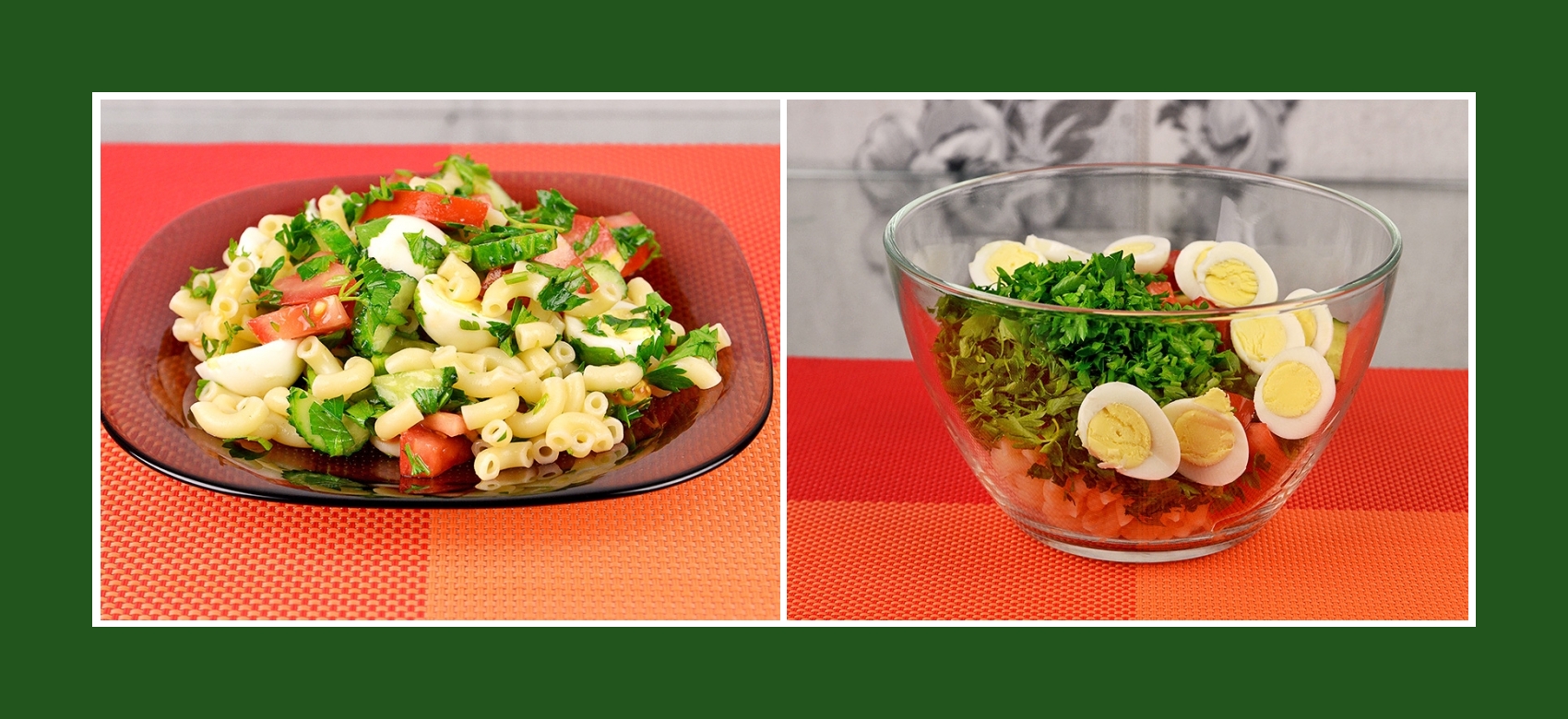 Salat mit Nudeln, Wachteleiern, frischem Kraut und Gemüse