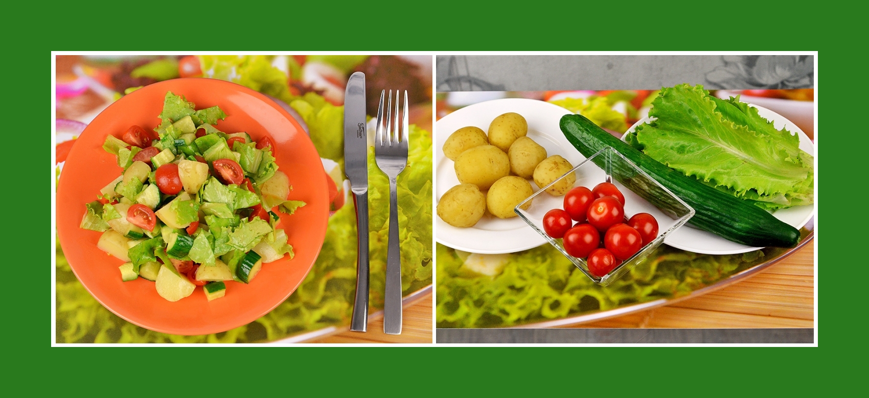 Knuspriger Salat mit Frühkartoffeln, Gurken, Cherrytomaten und Salatblättern