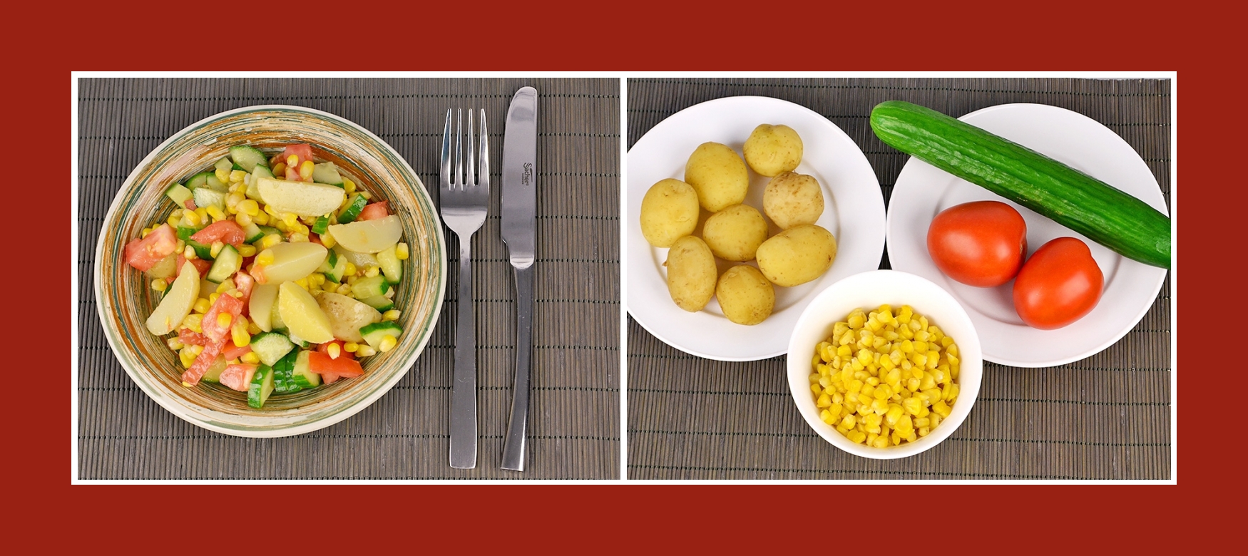 Sommerlicher Kartoffelsalat mit Frühkartoffeln, Tomaten, Gurken und Mais