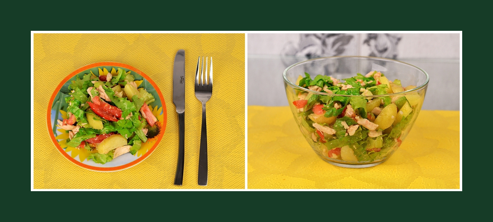 Leckerer Salat aus Frühkartoffeln, Hähnchenfleisch, Tomaten, Salat