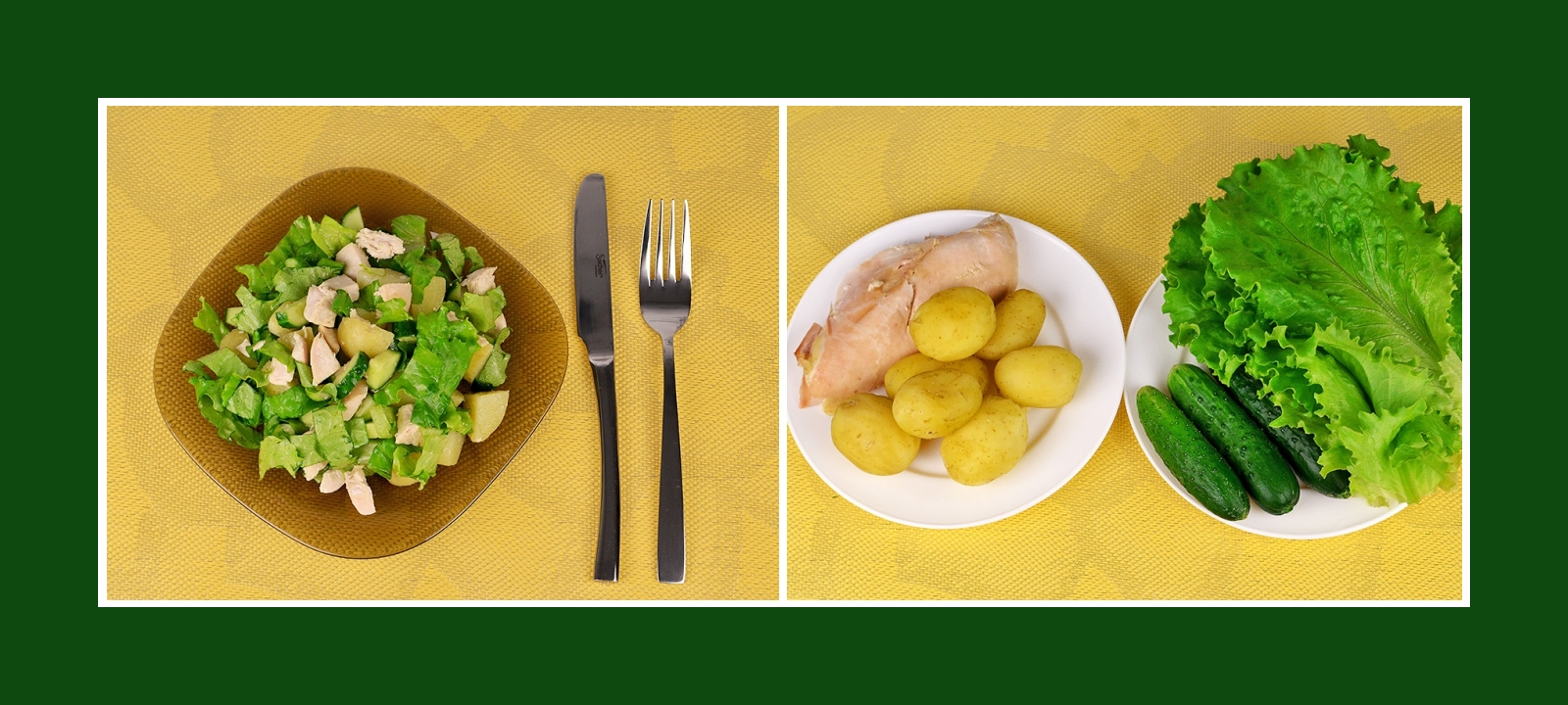 Zarter Kartoffelsalat mit Hähnchenbrustfilet, Gurken und knusprigen Salatblättern