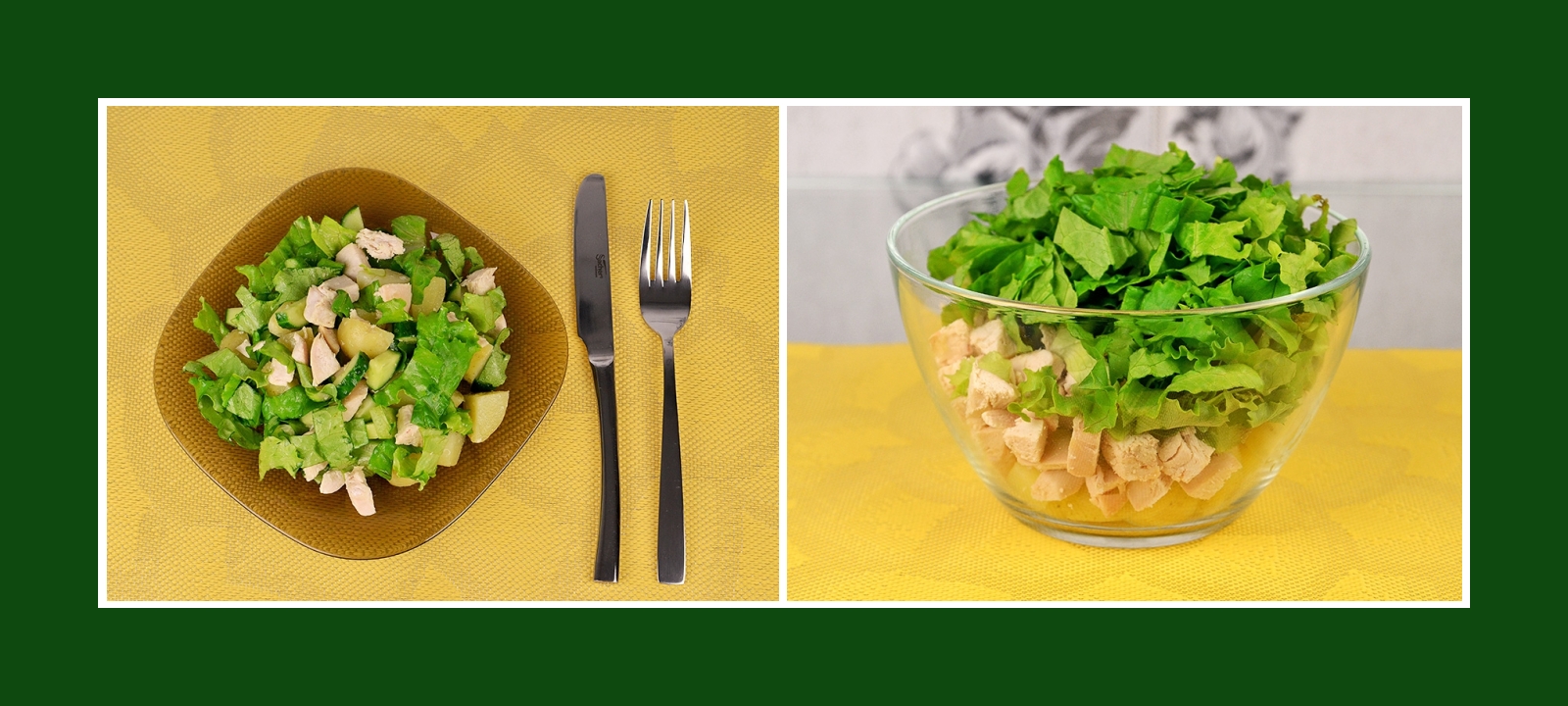 Zarter und leichter Salat mit Kartoffeln, Gurken, Salat und Fleisch