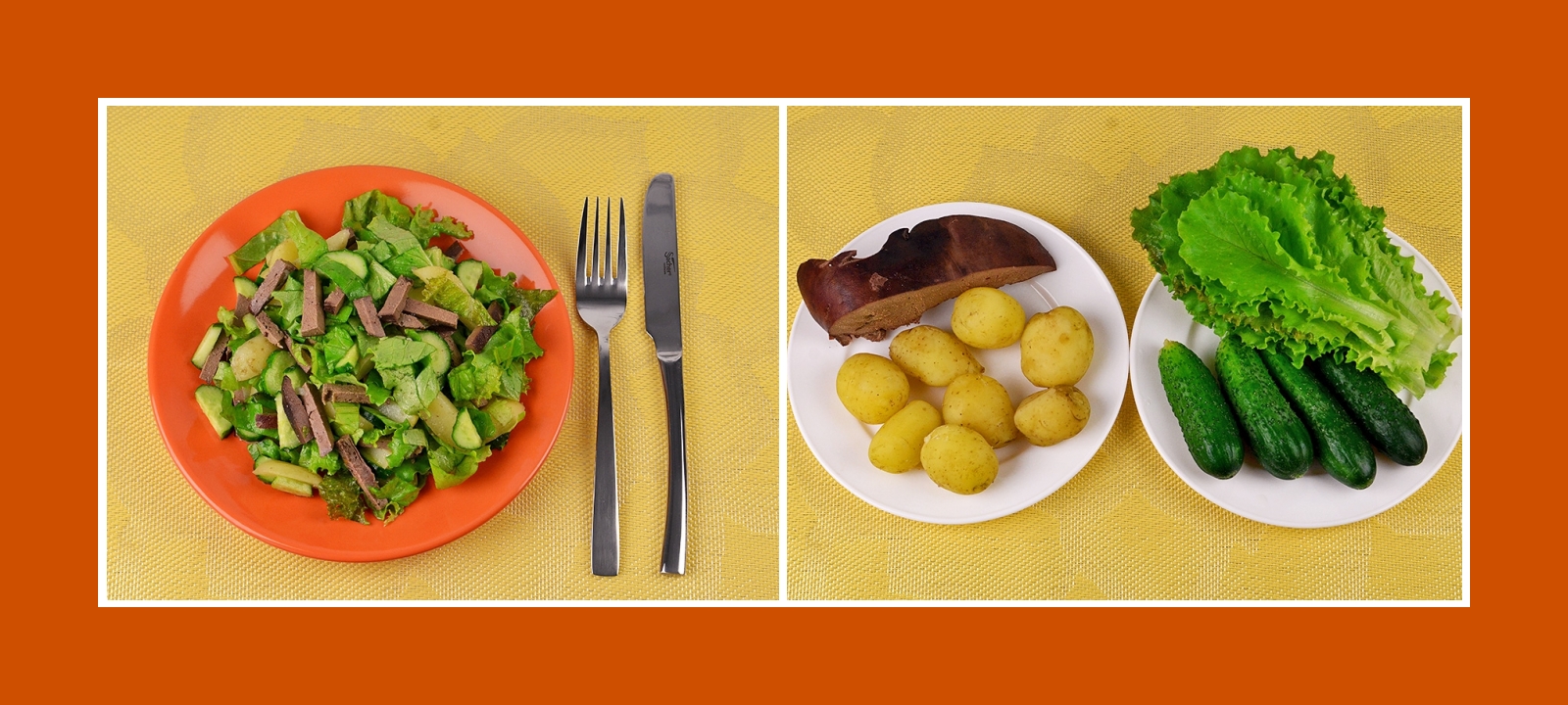 Einfacher Kartoffelsalat mit frischen Salatblättern, Gurke und pikanter Leber
