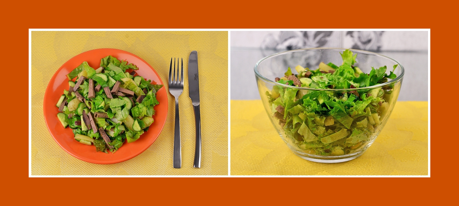 Gesunder Salat mit Gartensalat, Kartoffeln, Gurken und Rindleber Schweineleber gegart