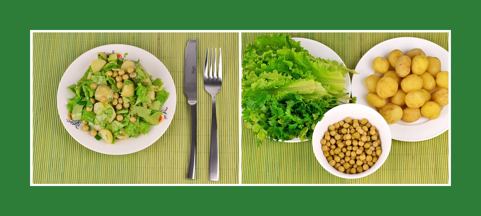 Salat oder Grillbeilage aus Kartoffeln, Gartensalat, Petersilie und Erbsen