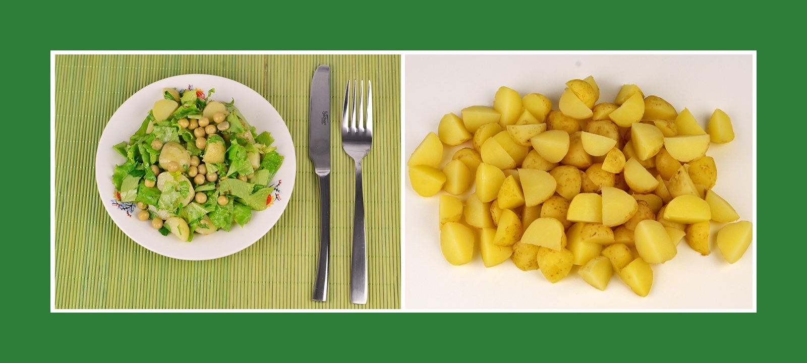 Gekochte Frühkartoffeln für grünen Salat mit Erbsen