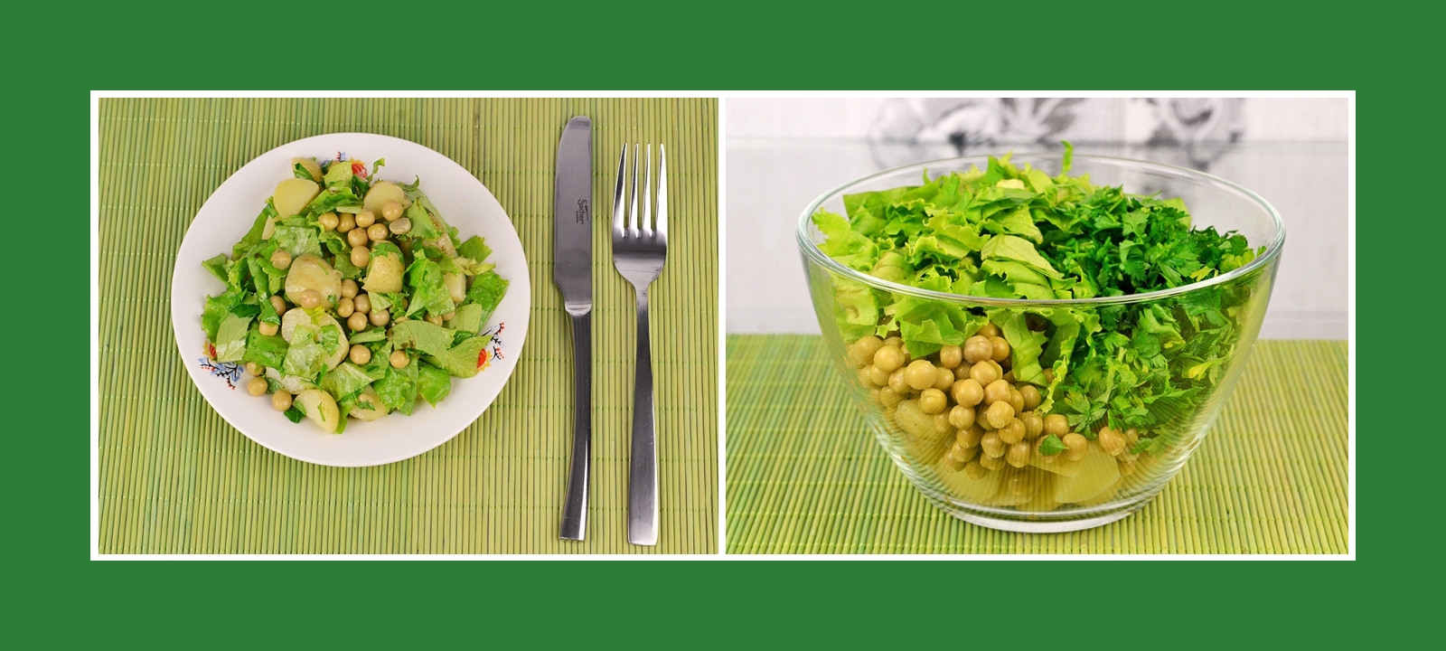 Kartoffelsalat mit pikanter Petersilie, Erbsen und erfrischenden Salatblättern
