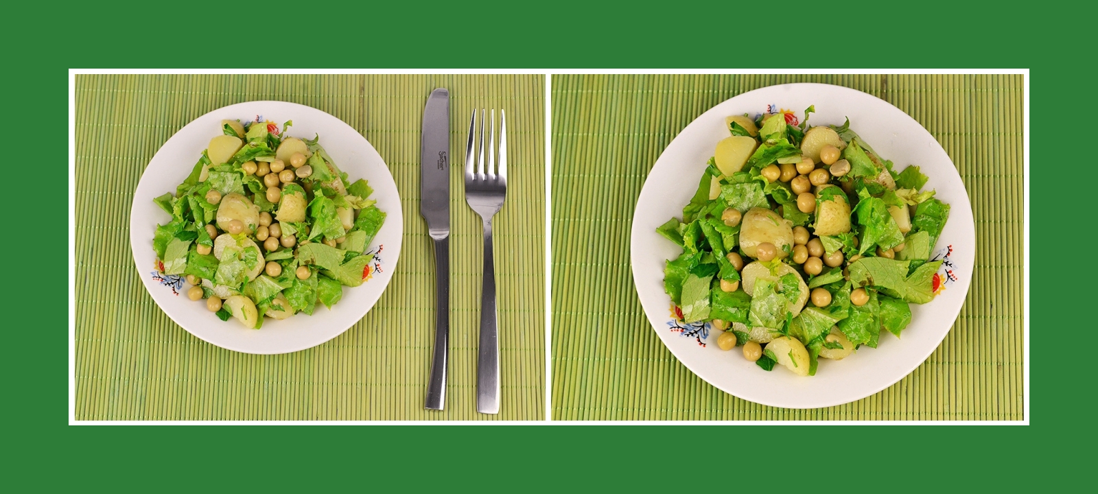 Gesunder Salat und Grillbeilage aus Kartoffeln und grünem Gemüse Servierbeispiel