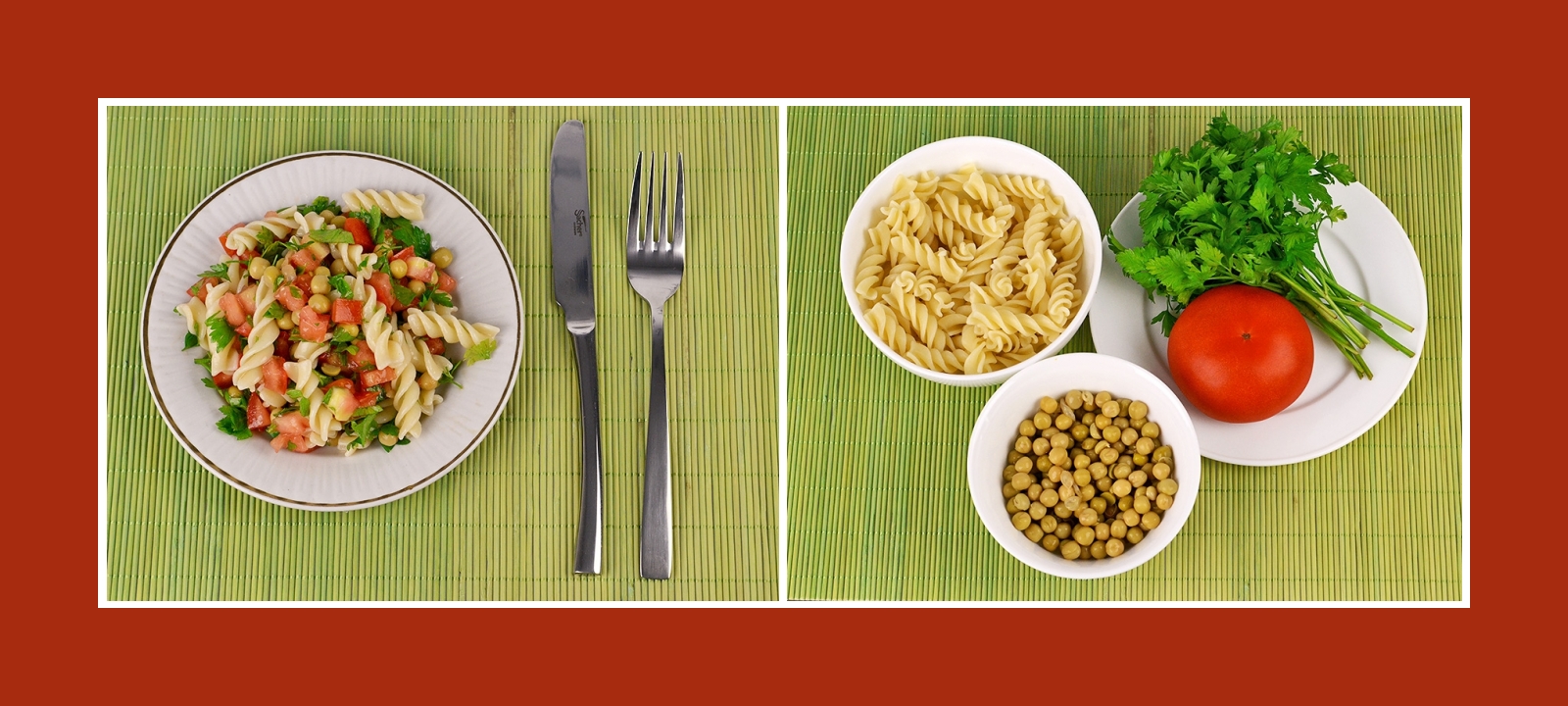 Leckerer Minuten-Salat mit Nudeln, Erbsen, Tomaten und pikanten Kräutern