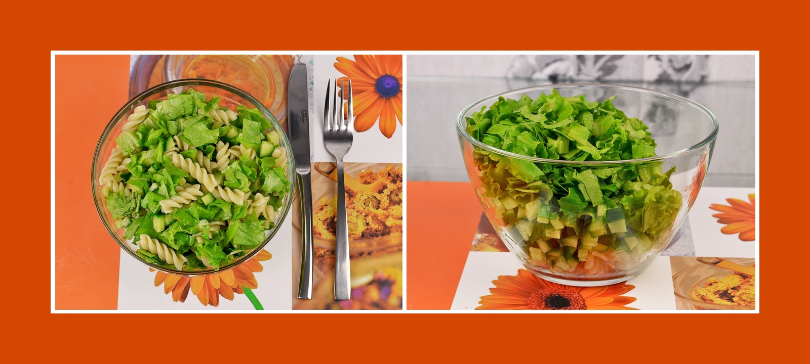 Nudelsalat mit Salatblättern und Gurken