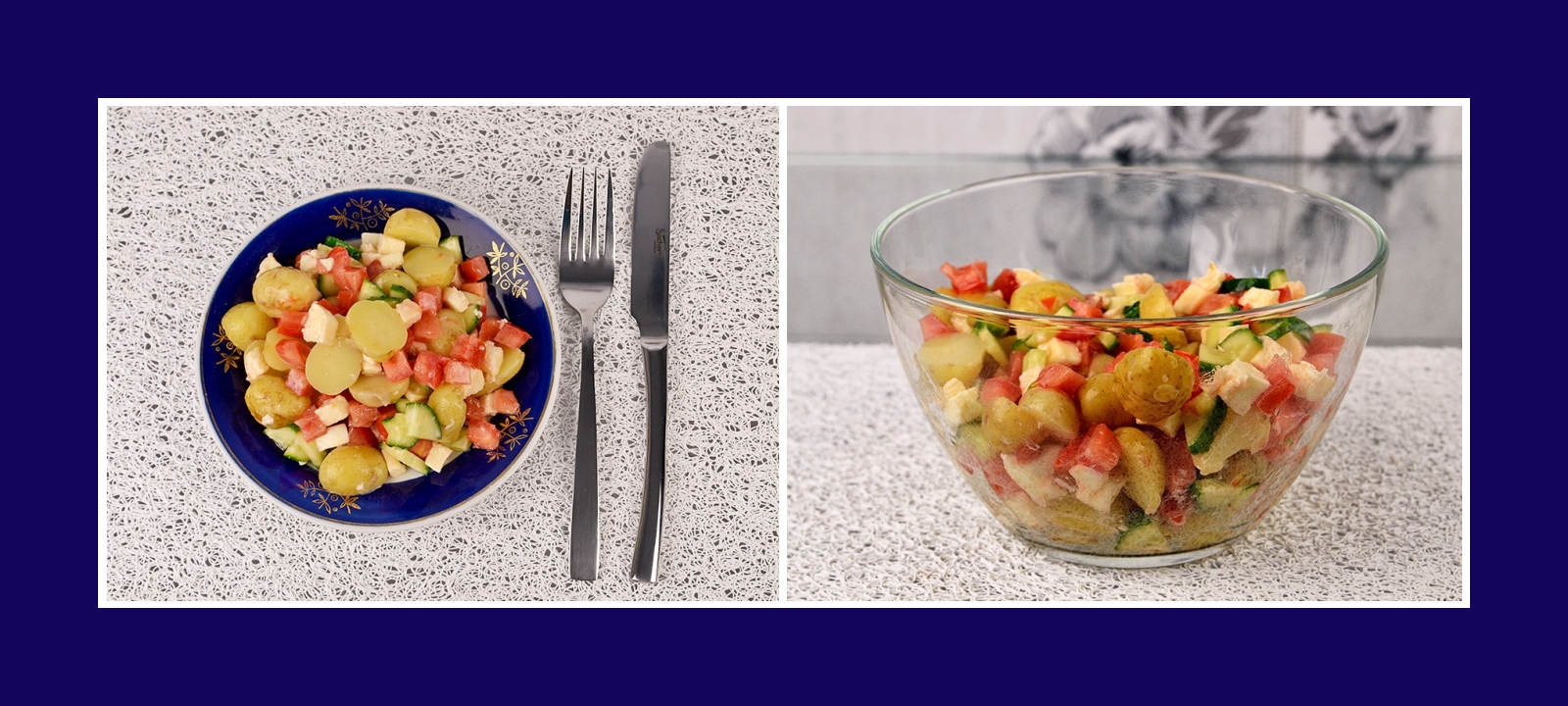 Köstlicher Salat aus Frühkartoffeln, Mozzarella, Gurken und Tomaten