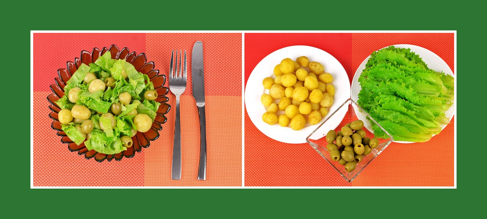 Simpler Frühkartoffelsalat aus knusprigen Salatblättern und pikanten Oliven