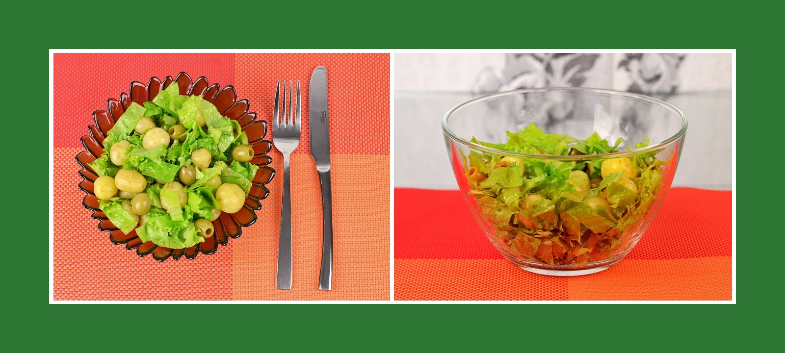 Erfrischender Salat aus Kartoffeln, Gartenssalat und grünen Oliven